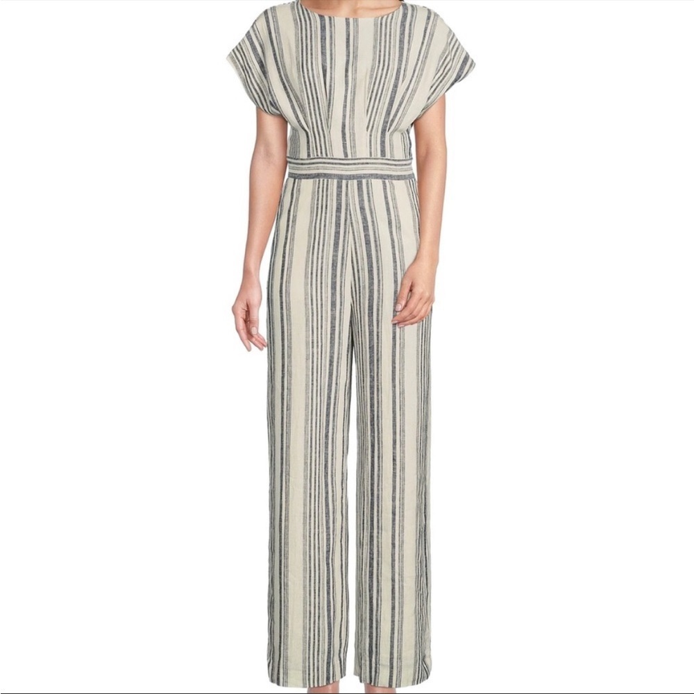 Gibson Latimer Navy/White Stripe Linen Blend Jumpsuit with Pockets